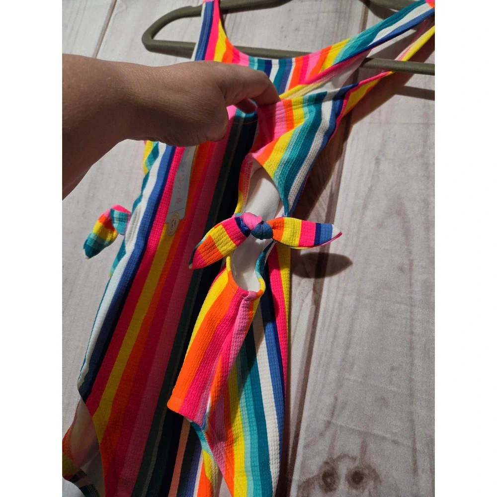 Cat & Jack Girls Rainbow Stripe One Piece Swimsuit Side Cut Out Size L 10/12 NWT